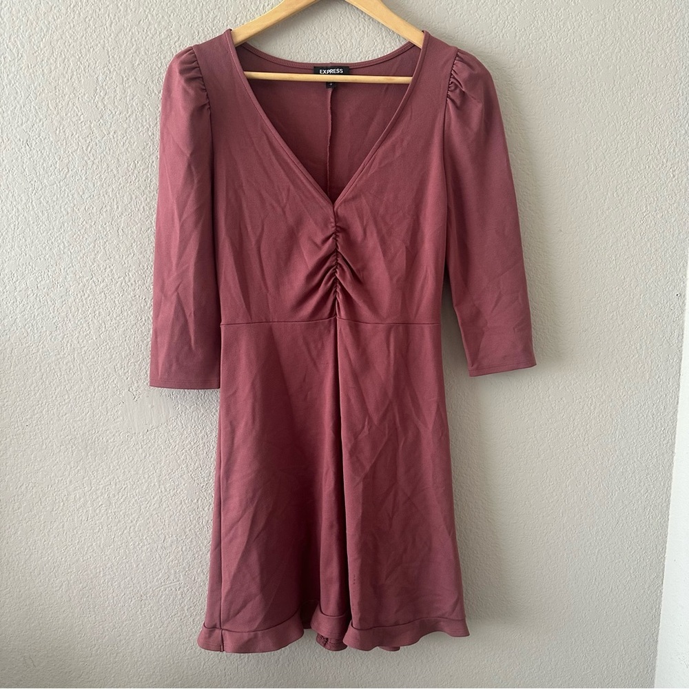 Express V-Neck Ruffle Hem Fit And Flare Dress Dusty Pink Size Small - Picture 2 of 9